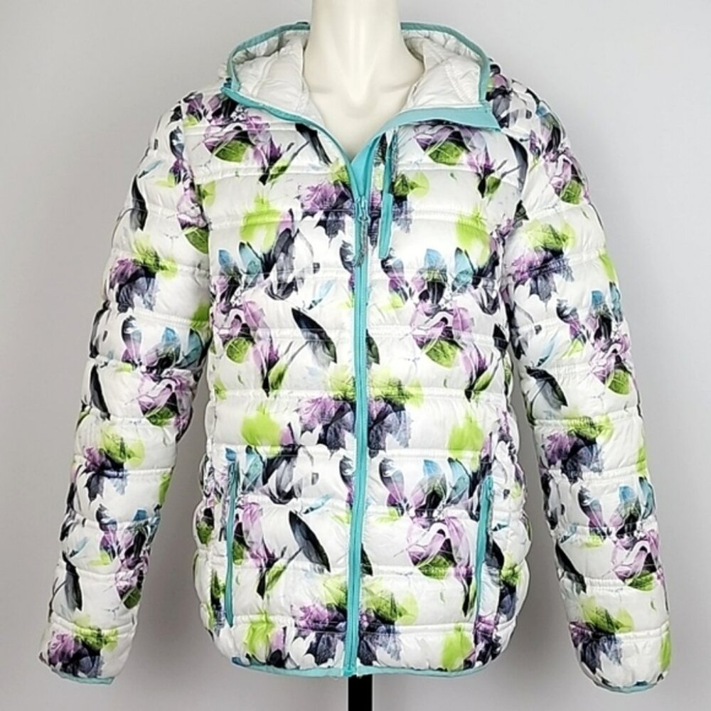 Alpine Pro Women's White Hooded Puffer Zip Up Jacket Multi Color Floral Size XL